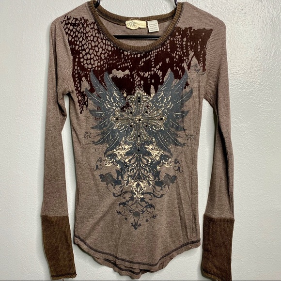 Miss Me Tops - MISS ME GRAPHIC BLING THERMO BLOUSE